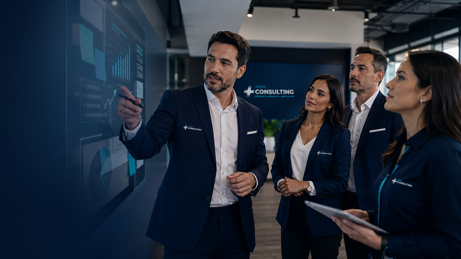 Executivos em ambiente corporativo durante apresentação estratégica